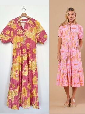 Sheridan French || Kimbell Dress Beaded Tiered Midi Palm Print Pink Yellow XL